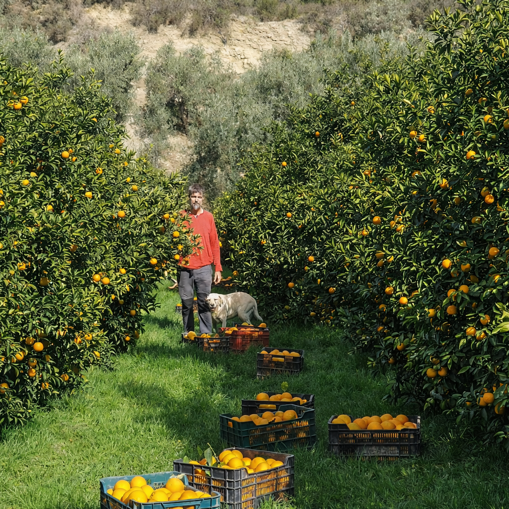 Agricultor local cosechando naranjas ecológicas en el Valle de Lecrín para envío directo al cliente